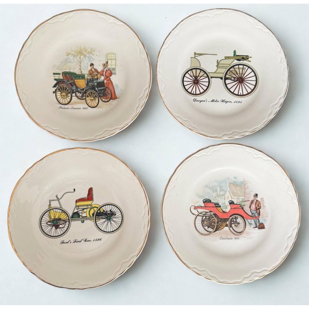 4 Vtg 1960s Henry Ford Museum Souvenir Plates 22K Trim Antique Automobiles